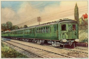Chemin de fer du Sud, express électrique de London Bridge à Eastbourne (lithographie en couleur) - G.P. Micklewright