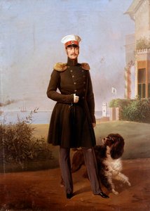 Portrait en pied du tsar russe Nicolas Ier (1796-1855) à Peterhof. Peinture de Georg Botmann (XIXe siècle). XIXe siècle. Saint-Pétersbourg. Château de Peterhof