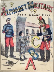 Couverture de "Alphabet militaire", série Grand-Bébé. Gravure. Imagerie de Pont-à-Mousson. Louis Vagne, Imprimeur-Éditeur, vers 1900. Illustrations de G. Dascher. 20 pages. Dim : 31,5x24,5cm