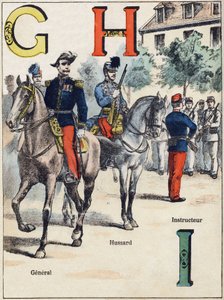 Lettres G H I : Général, Hussard et Instructeur. Gravure dans « Alphabet militaire », série Grand-Bébé. Gravure. Imagerie de Pont-à-Mousson. Louis Vagne, Imprimeur-Éditeur, vers 1900. Illustrations par G. Dascher - G. Dascher