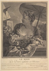Midi. Une dame réglant sa montre