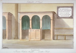 Le confessionnal dans la chapelle catholique romaine sur London Road, Southwark, Londres, 1825