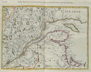Partie orientale du Canada, nord de la Nouvelle-Écosse et partie du Labrador, gravure de G. Zuliani tirée du Tome I du "Nouvel Atlas" publié à Venise en 1778 par Antonio Zatta, Collection Privée