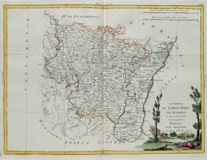 Gouvernances de Lorraine, Barr et Alsace, gravure de G. Zuliani tirée du Tome I du "Newest Atlas" publié à Venise par Antonio Zatta, Collection Privée