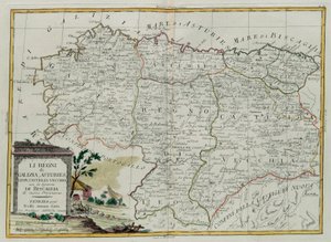 Les Royaumes de Galice, Asturies, Léon, Castilla Vieja avec le Conseil de Biscallia, gravure par G. Zuliani tirée du Tome I du Nouvel Atlas publié à Venise en 1776 par Antonio Zatta, Collection Privée