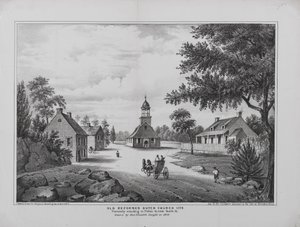 Vieille église réformée hollandaise en 1776, dessinée par Miss Elizabeth Sleight en 1808, imprimée pour le Manuel de la ville de Brooklyn de H. McCloskey, 1864 - G. after Hayward