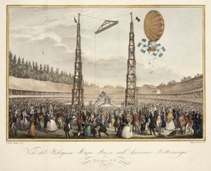 Vol du Bolognais Muzio Muzzi (1809-46) dans le dirigeable Retirremiga, 1838 - G. after Meloni