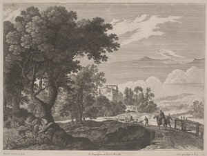 Paysage avec voyageurs traversant un pont