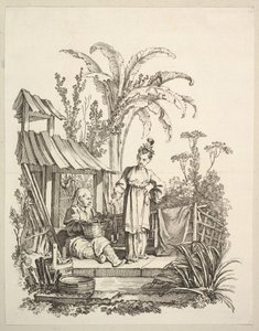 Un homme chinois assis et une femme portant un poisson, vers 1742 - Gabriel Huquier