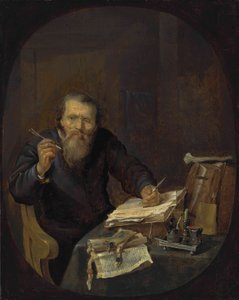 Un notaire affûtant sa plume, dans un intérieur