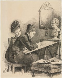 Deux Femmes Dessinant une Sculpture, 1878 - Gabriel von Hackl
