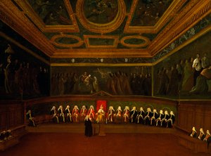 Salle du Conseil des Dix à Venise, par Gabriel Bella (1730-1799), huile sur toile, 94x147 cm, Italie