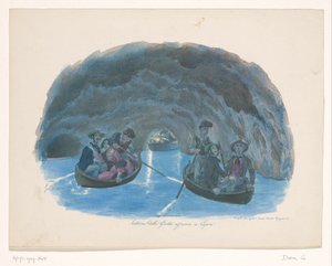Personnages sur des barques dans la Grotte Bleue à Capri