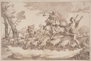 Un voyage pastoral avec un enfant dans un panier à cheval - Gaetano Zompini, after Giovanni Benedetto Castiglione