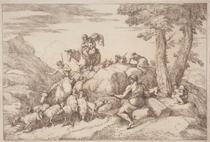 Un voyage pastoral avec une mère et un enfant à cheval et un berger âgé assis - Gaetano Zompini, after Giovanni Benedetto Castiglione