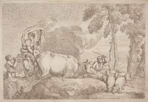 Une femme avec deux enfants à cheval