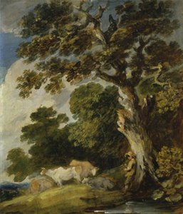 Paysage boisé avec du bétail et des bergers