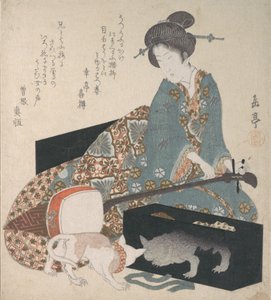 Femme accordant un shamisen et un chat regardant son propre reflet, milieu des années 1820 - Gakutei