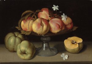 Pêches dans un bol en verre, pommes et fleurs de jasmin - Galizia Fede