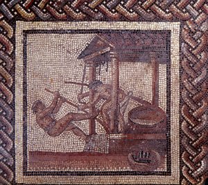 Art gallo-romain : pavement en mosaïque représentant un calendrier rustique. Un pressoir à huile. Fin 2e, début 3e siècle après J.-C. De Saint-Romain-en-Gal (Rhône). Saint Germain en Laye, Musée National d
