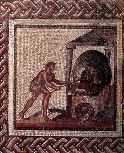 Art gallo-romain : pavement en mosaïque représentant un calendrier rustique. Scène de fabrication de pain. Fin IIe, début IIIe siècle après J.-C. De Saint-Romain-en-Gal (Rhône). Saint-Germain-en-Laye, Musée National d