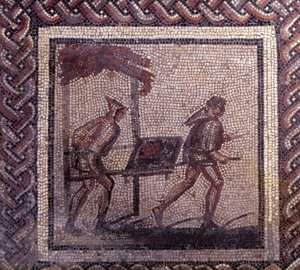 Art gallo-romain : pavement en mosaïque représentant un calendrier rustique. Scène de transport de fumier. Fin IIe, début IIIe siècle après J.-C. De Saint-Romain-en-Gal (Saint-Romain-en-Gal, Rhône). Saint-Germain-en-Laye, Musée National d