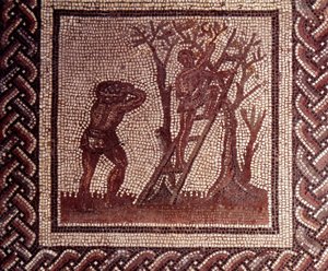Art gallo-romain : pavement en mosaïque représentant un calendrier rustique. Scène de cueillette d