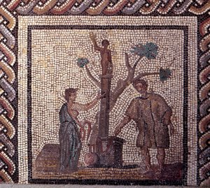 Art gallo-romain : pavement en mosaïque représentant un calendrier rustique. Scène de sacrifice à Cérès et Apollon. Fin 2e, début 3e siècle après J.-C. De Saint-Romain-en-Gal (Rhône). Saint-Germain-en-Laye, Musée national d