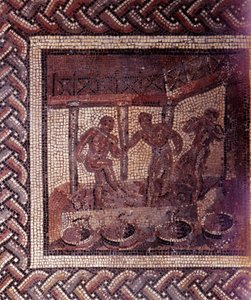 Art gallo-romain : pavement en mosaïque représentant un calendrier rustique. Scène de foulage des raisins dans une cuve. Fin 2e, début 3e siècle après J.-C. De Saint-Romain-en-Gal (Rhône). Saint-Germain-en-Laye, Musée national d