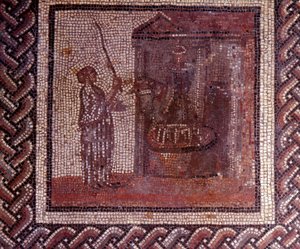 Art gallo-romain : pavement en mosaïque représentant un calendrier rustique. Le travail avec la meule. Fin 2e, début 3e siècle après J.-C. De Saint-Romain-en-Gal (Rhône). Saint-Germain-en-Laye, Musée national d