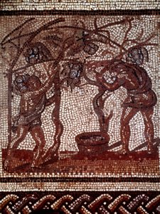 Art gallo-romain : automne : cueillette des pommes et récolte. Pavage en mosaïque représentant un calendrier rustique de Saint-Romain-en-Gal. Fin 2e-début 3e siècle. Saint-Germain-en-Laye, Musée des Antiquités