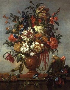 Nature morte de fleurs dans une urne, avec un perroquet rouge