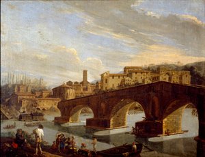 Vue du Tibre au niveau du pont rompu à Rome