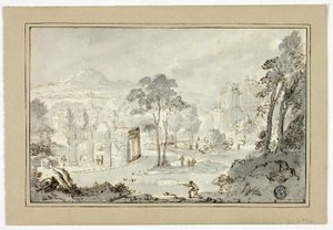 Chasseur avec chien, autres figures dans un paysage avec villa, canal, pyramide
