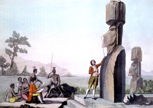 La Pérouse avec son équipage, mesurant les statues sur l