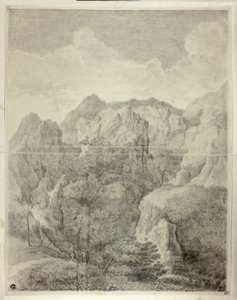 Paysage de montagne avec deux personnages au premier plan