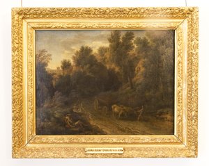 Paysage classique avec une charrette à bœufs et des personnages