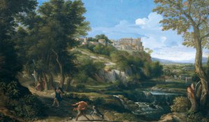 Paysage montrant un faune dansant et une nymphe