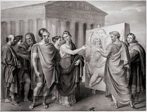 Le politicien athénien Périclès (495-429 av. J.-C.) et Aspasie, sa compagne, dirigent le travail de Phidias pour le Parthénon à Athènes (gravure) - Gaspare Landi