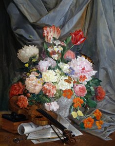Nature morte avec vase de fleurs coupées et violon