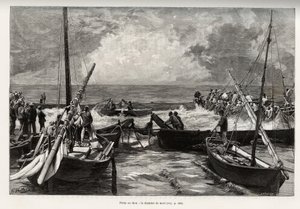 Pêche au thon (mattanza) : la chambre de la mort, les thons pressés dans un espace restreint sont couverts par les harpons des pêcheurs. Gravure et histoire "La Sardaigne" par Gaston Vuillier (1845-1915), en 1890, dans "Le tour du monde, nouveau journal de