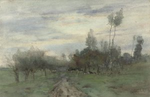 Chemin de campagne avec des vaches au crépuscule