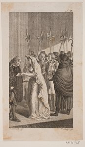 Illustration avec une jeune femme donnant une lettre à un homme plus âgé. En arrière-plan, deux hommes entourés de gardes de la ville - Georg Christian Schule