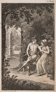 Illustration avec couple sur un banc dans un jardin