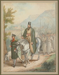 Soldats russes accompagnant un prêtre à cheval