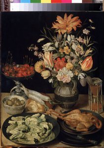 Nature morte aux fleurs, poulet, sablier, olives, cerises et chou