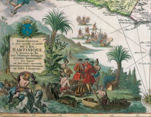Carte de la Martinique créée par Matthieu Seutter, détails : Marchands et Indien d