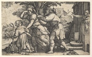 Abraham renvoyant Agar et Ismaël : Abraham tend un vase alors qu