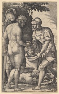 Tomyris, montrée nue de dos, plaçant la tête de Cyrus dans un sac tenu par un soldat, ca. 1539