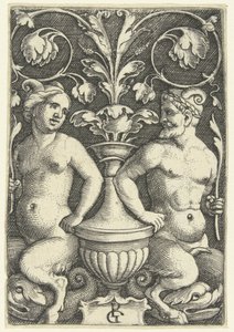 Satyre mâle et femelle (Décorations plates avec grotesques et rinceaux) - Georg Pencz